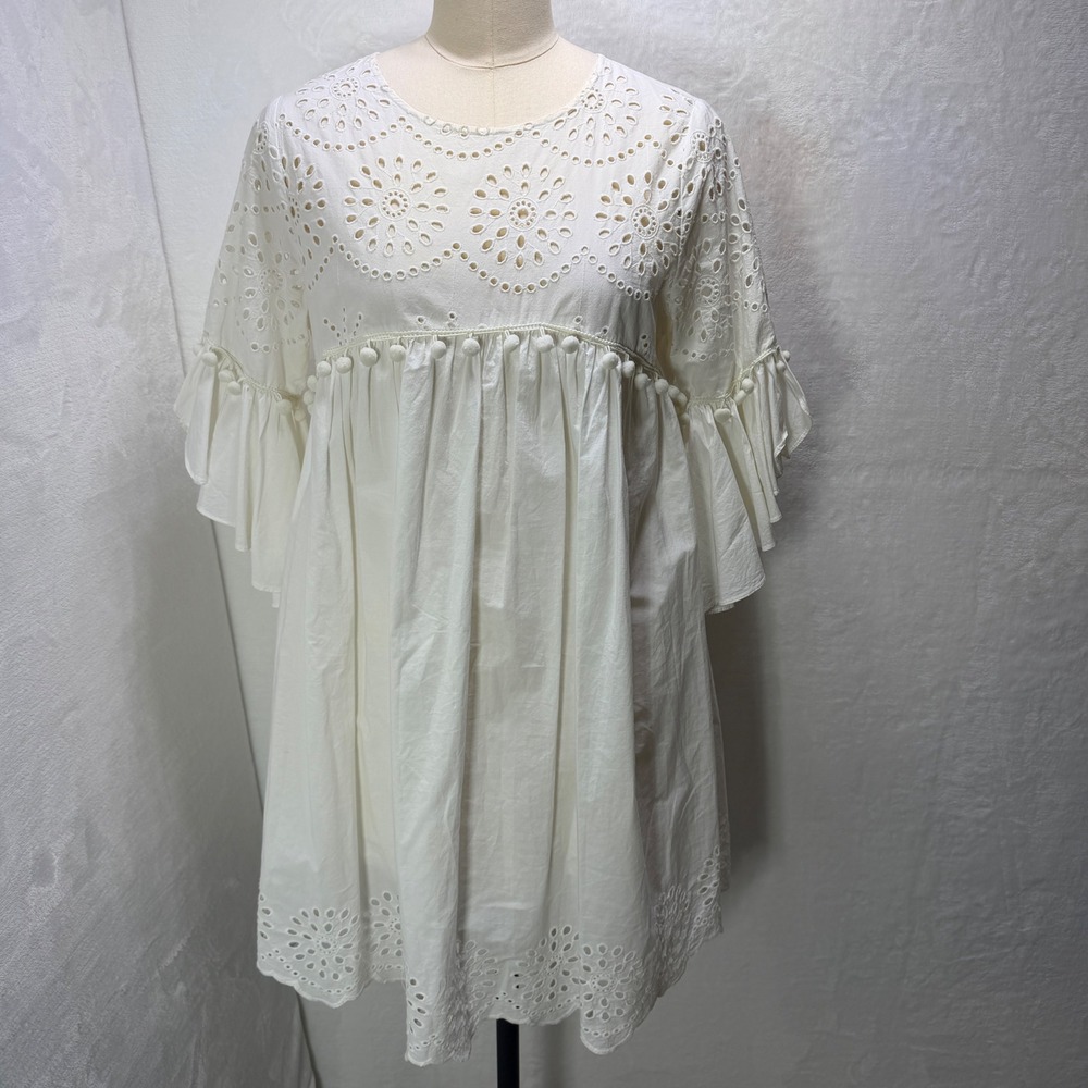 Zara Basic Womens White Eyelet Babydoll Mini Dress Pom Pom Bell Sleeve M Rodeo